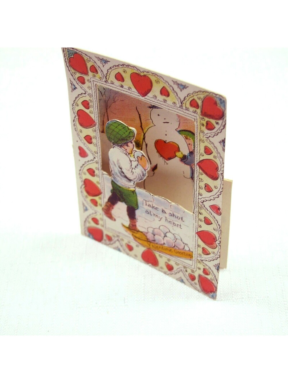 Vintage Valentine Diecut Fold 3D Boy & Girl Snowballs Snowman 1920s-30s UNSIGNED